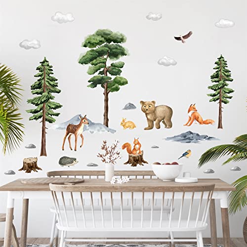 Jungle Animals Wall Decals,Cartoon Animals Wall Stickers,Watercolor Tree Animal Wall Stickers,Nursery Wall Decor Woodland Wall Decals,Bear Forest Animal Wall Decal For Kids Room Bedroom Playroom Decor #TOP5