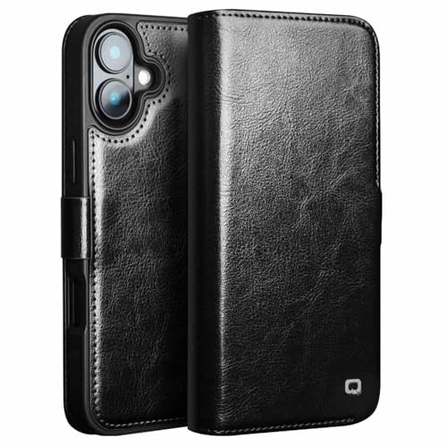Coque iPhone 16 Plus Qialino en cuir véritable noir avec clapet élégant