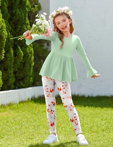 Arshiner Girls 2 Piece Clothing Set Floral Ruffle Hem Bell Sleeve Top and Leggings Fall Winter Outfits for 2-10 Years2