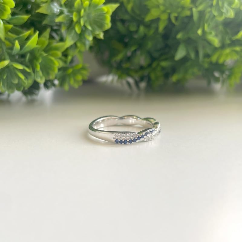 Blue Sapphire Twisted Wedding Band For Women, 14k Gold Finish Diamond Swirl Anniversary Band, Ladies Twisted Crossover Sapphire Band