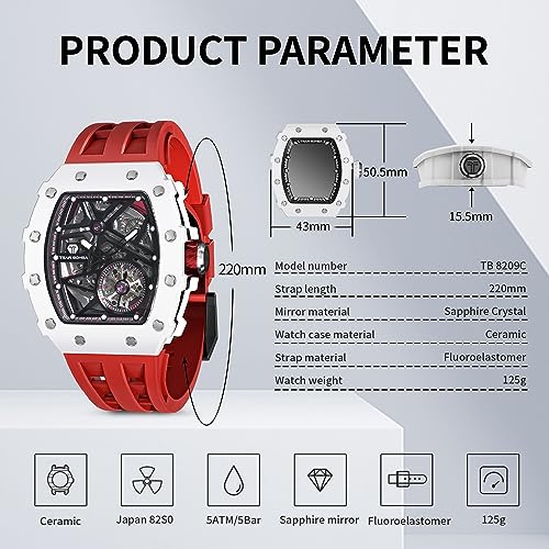 Image of TSAR BOMBA Men's Automatic Watch Tonneau Luxury Skeleton Watches for Men Mechanical 50M Waterproof Analogue Watches Mens Unique Cool Square Big Face Dial Wristwatch with Silicone Strap Band
