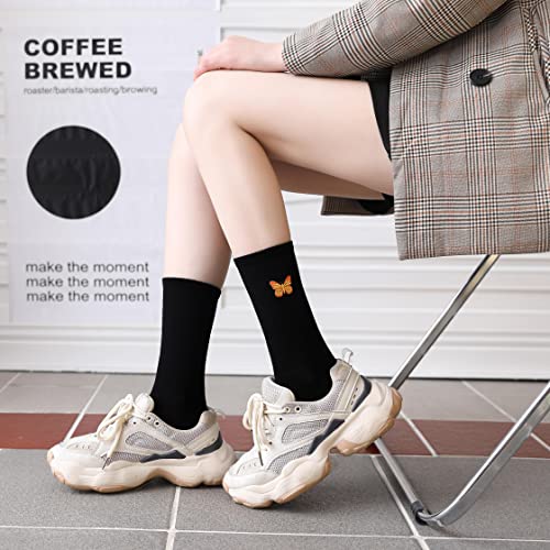 Image of Womens Calf Socks Embroidery Crew Socks Casual Dress Socks Cute Butterfly Socks For Girls 3 Pairs