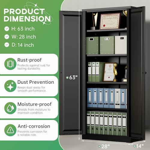 Image of INTERGREAT Metal Storage Cabinet with Magnetic Doors, 63 inch H Traditional European Style Metal Cabinets with 2 Doors and 4 Adjustable Shelves for Home Office, Kitchen, Bathroom (Black)