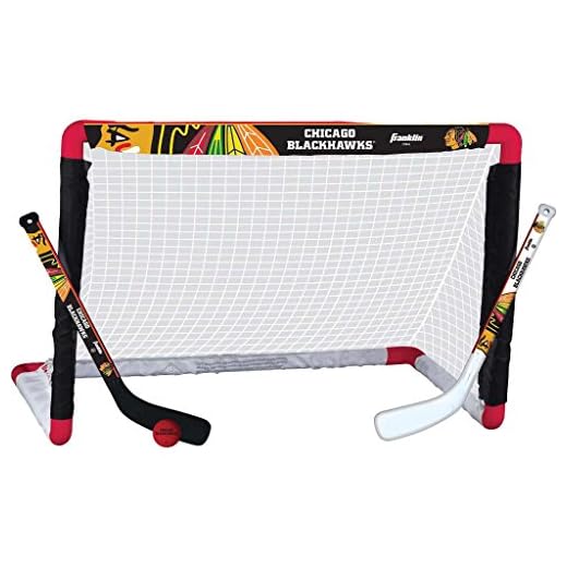 Franklin Sports Chicago Blackhawks Mini Hockey Set - Knee Hockey Goal, Ball, & 2 Hockey Stick Combo Set - Mini Goal Net - NHL Official Hockey Set