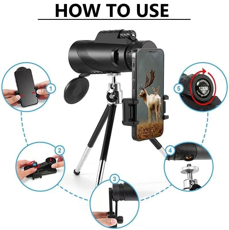 Monoculaire 12x50 Avec Prisme BAK4 Et Lentilles FMC - Trépied Et Support Smartphone Inclus - Idéal Randonnée, Chasse, Observation - 5