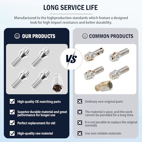 Konuooer 4X Radschloss Radschrauben Satz Felgenschloss Diebstahlsicherung Radmuttern kompatibel mit A1 A3 A4 A5 Golf Jetta Touran Seat Vivaro X3 X5 M14x1,5 28mm mit 1x Schlüssel