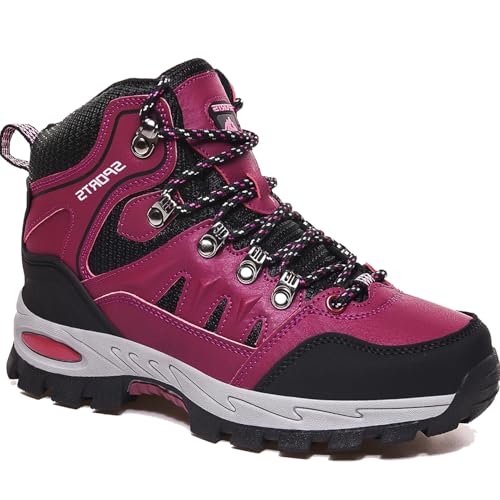HODTOB Hiking Boots Mens Womens Lace-up Non-Slip Outdoor Men Women Mountain Trekking Shoes for All Season Walking Travelling Backpacking Camping Shoes Sneaker Rose Red 3UK