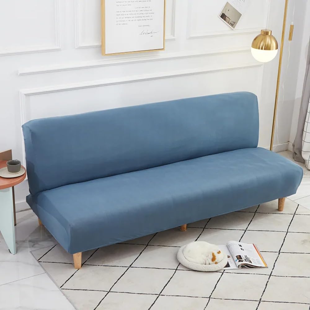 Housse clic clac extensible gris bleu pour couvre canapé sans accoudoir salon L