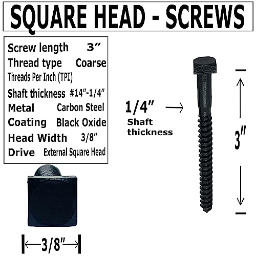 1/4" x 3" - Tornillos Tirafondo para Madera con Cabeza Cuadrada Rústica - Acabado Óxido Negro - Pack de 10 miniatura 2