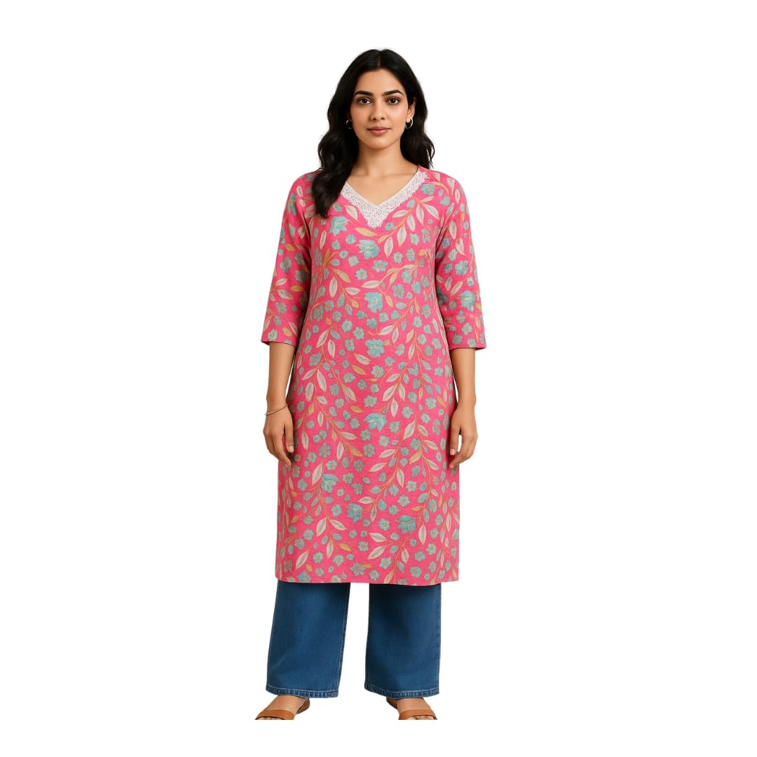 Floral Print Cotton Straight Kurta with Lace Detail, 3/4 Sleeves, Pink and Turquoise