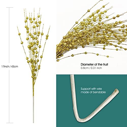 Wiwoo 12 Pack Artificial Glitter Berry Stem Ornaments,17 Inch Bead Sticks Glittery Decorative,Fake Christmas Picks Glitter Sticks For Home Decor Wedding Christmas Tree Diy Wreath Crafts (Gold) (Jfjg) #TOP1