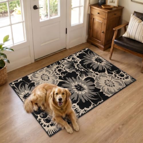 Tapete decorativo floral lavable 3x5 negro y beige miniatura 3