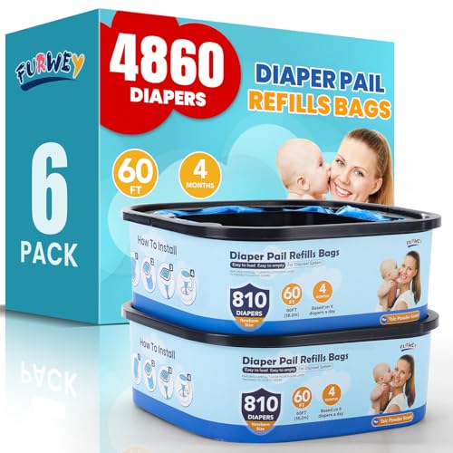 Diaper Pail Refill Bags,7-Layer Odor Prevention Technology,Thickened Design - Hold up to 810 Newborn-Sized Diaper Pail Bags- Pack of 6
