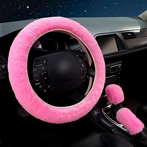 Lenkradabdeckung Amokee Universal Lenkradhülle Plüsch 3er/Set Winter Lenkradbezug Teleskop Lenkrad Abdeckung weich bequem Steering Lenkradschoner für Auto Zubehör 36-39cm (Rosa)