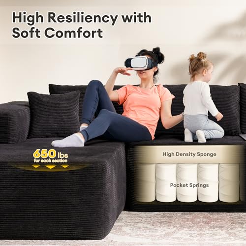 Image of HOOOWOOO Sectional L Shaped Couch,104 inch Assembly Free Modern Minimalist Sofa,Extra Deep Large Sofa Set,Corner Couch in A Box for Living Room(Right Chaise Black Corduroy Uphosted)