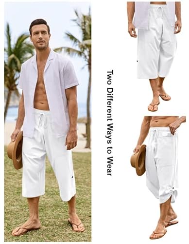 Gafeng Mens Yoga Capri Pants Casual Elastic Waist Drawstring Sports Cotton Linen Boho Harem 3/4 Pants With Pockets #TOP3