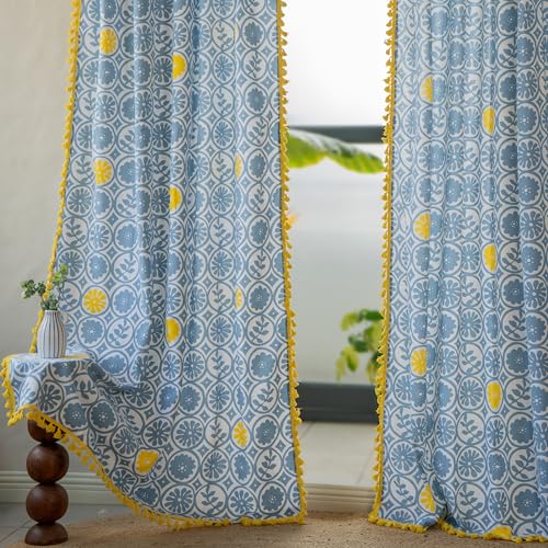Image of Tranquebar Curtain Co. Window Curtains 6 Feet, 60-65% Room Darkening, Blue Geometric Print, Cotton Curtains for Window, Boho Curtains For Living Room With Tassel Lace, BackTab, Anya (183 cm) - 1 Piece