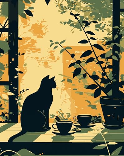 Black Cat Coffee Paint by Numbers Kit for Adults Beginner, Paint by Number Kits on Canvas, DIY Acrylic Watercolor Oil Painting by Numbers for Dining Room Kitchen Coffee Bar Wall Art Decor 16X20inch