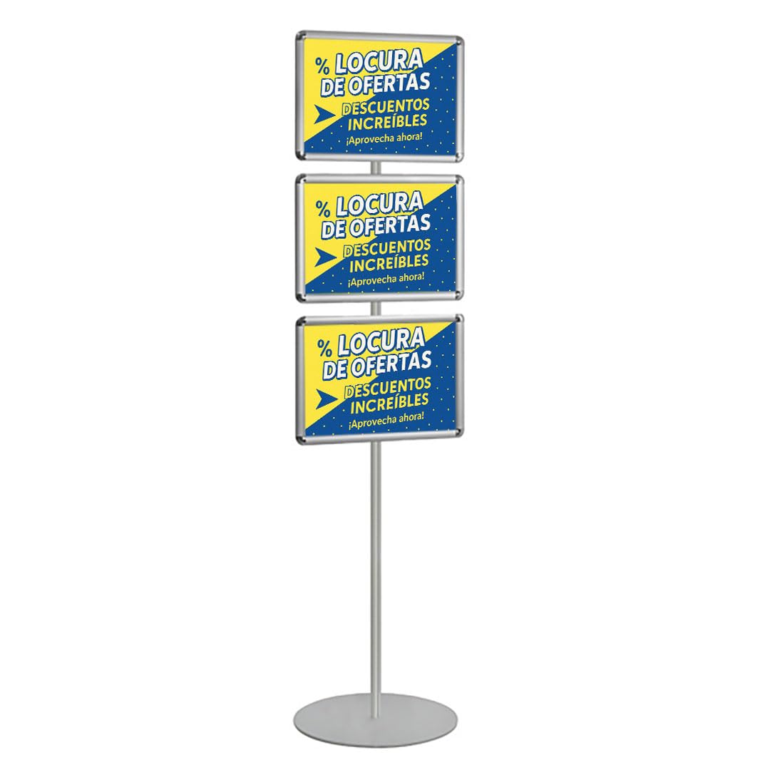 Danieli Store | Expositor Publicitario de Pie A3 con 3 Marcos a Presión | Soporte Autoportante para Carteles, Señalización y Publicidad | Poste Porta Comunicaciones para Tiendas y Ferias (Plata)