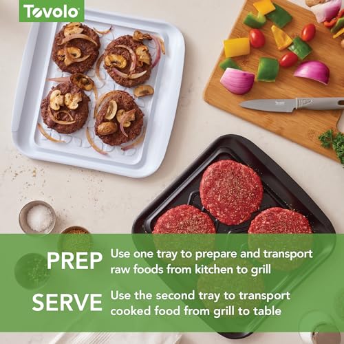 Image of Tovolo Square Grill Prep Tray BBQ Serving Trays for Outdoor Grilling Burgers Veggies Steak, Food Grade Dishwasher Safe Non Slip Nesting Black White 10.5 in Grill Trays for Bringing in and Out Meat