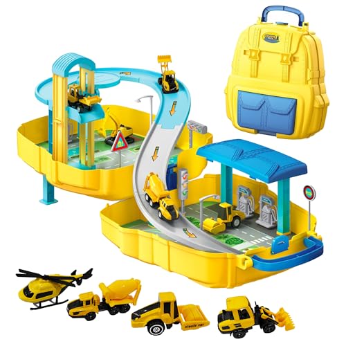 Image of Kidology 2-in-1 DIY Construction Vehicle Set of 4 - Alloy Adventure Cars, Parking Ramp Garage, Dual Handbag Backpack with Track, Montessori Toy for Toddlers & Kids, Birthday Gift for Boys & Girls