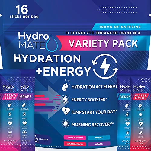Image of HydroMATE Electrolytes Powder Drink Mix Packets Hydration Accelerator Low Sugar Party Favors for Rapid Recovery Vitamin C Plus Caffeine Variety Pack 16 Sticks