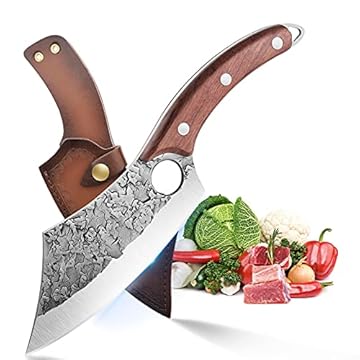 Coltello da disosso con rivestimento in pelle Mannaia forgiata a mano Coltello da cuoco in acciaio al carbonio Coltello da esterno per grill da cucina con confezione regalo