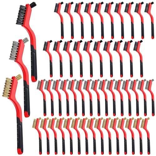 Image of Reallnaive 50 Pcs Wire Brushes for Cleaning Rust 7 Inch Brass /Stainless Steel /Nylon Wire Brushes with Curved Handle Grip for Deep Cleaning Small Parts Rust Dirt Paint Scrubbing