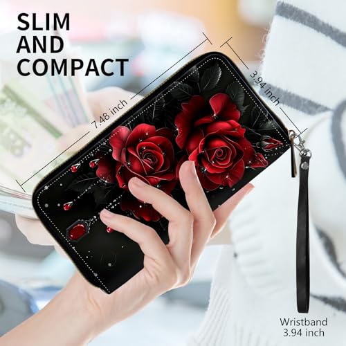 Womens Wallet, PU Leather RFID Cute Wristlet Wallets for Girls Women Ladies Purse Large Credit Card Clutch Purse Card Holder Coin Pocket Travel Wallets with Zipper, Red Roses2