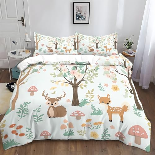 Funda Nórdicas 150x200cm Juego de Ropa de Cama Dibujos Animados Animales Ciervos Erizo Zorro 3 Piezas Cómodo Microfibra Anti Decoloración Funda Nórdica de Edredón y 2 Funda de Almohada 50x75cm