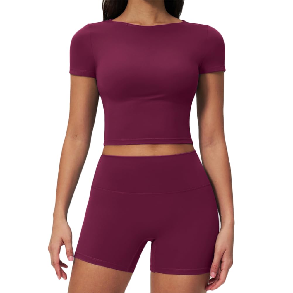 XYFfybhsd Women Yoga Outfits 2 Piece Set Workout Gym Shorts Short Sleeve Crop Top Sets Activewear(Size:M,Color:Red)