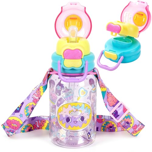 YOYTOO Kids Water Bottle with Pop-Open Straw & Spout 2-in-1 Lid, 20oz Leak-Proof Tritan Plastic BPA-Free Kids Cup with Strap for School Travel Sports Girls Toddler, Dessert