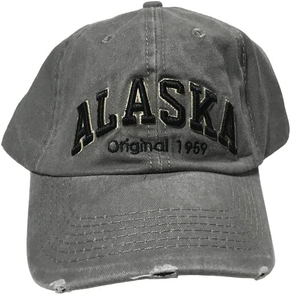 Robin RuthQuality Ball Cap Hat Alaska Raised Black Letter Distressed Light Grey, Gray, One size
