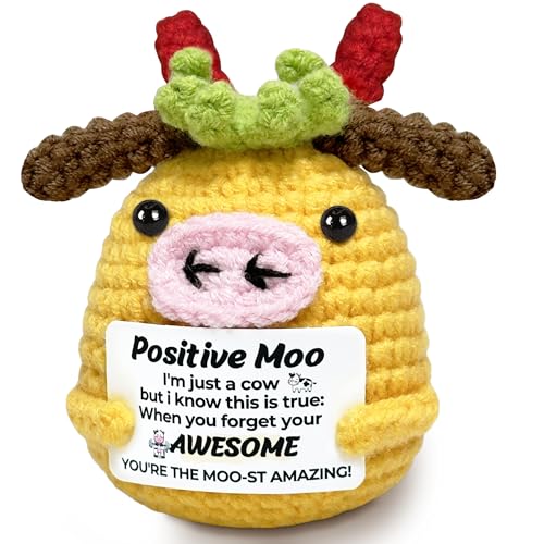 Positive Crochet Gifts for Teen Girls - Handmade Emotional Support Crochet Animals, Positive Moo Thank You Gift for Coworker Friend Sister Daughter- Birthday Gifts for Women, Men
