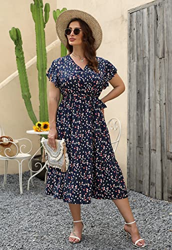 Celkuser Womens Plus Size Summer Short Sleeve V Neck Boho Casual Floral Midi Dress With Pockets Cel134(Cel134,20,Blueflo) #TOP2
