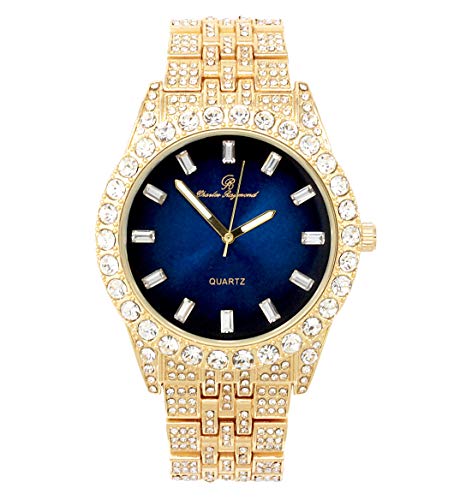 Mens Watch w/Matching Iced Rolly Hip Hop Bracelet - Big Rhinestones on Trim and Elegant Baguette Time Indicators on Dial - Master Bling Designer - ST10226B (Gold Royal Blue Single)