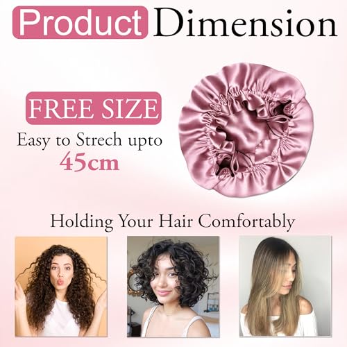 Image of GLUN Hair Bonnet Cap with 3 Satin Scrunchies Combo, Soft Pink Satin Cloth Bonnet Cap Prevents Hair Breakage, Ideal for Curly & Natural Hair, Frizz Control & Moisture Retention