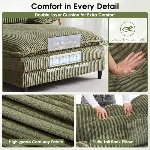 Image of WESTSETLUX 54.8 inch W Oversized Chaise Lounge Chair Indoor with 5-Position Adjustable Backrest, Corduroy Sleeper Sofa Bed with 3 Pillows, Modern Cloud Couch Chair for Living Room, Bedroom, Green