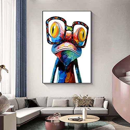 Recrtain Cute Frog Wall Art Canvas Paintings Colorful Funny Frog With Glasses Pictures, Abstract Animals Canvas Wall Art Posters And Prints For Bedroom Living Room Kitchen Bathroom Office Wall Decor #TOP3