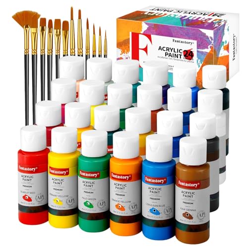 Fantastory Acrylfarben Set,24 Flaschen 60ml+12Pinsel,wasserfestes,nicht verblassendes,ungiftiges Acrylic Paint,Für Leinwand,Holz,Keramik,Modelle;Anfänger,Kunststudenten,Hobbykünstler [Balanced Serie]