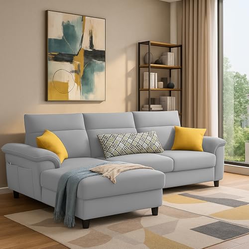 Image of Casaliving Seams LHS 4 Seater L Shape Sofa for Living Room (Grey Fabric) Premium Fabric Sofa