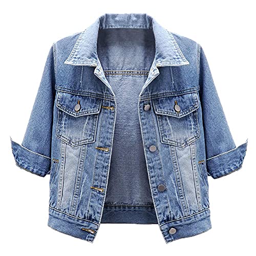 Scofeel Cropped Denim Jacket For Women 3/4 Sleeve Distressed Light Wash Jean Jacket Light Blue, Us Large #TOP4