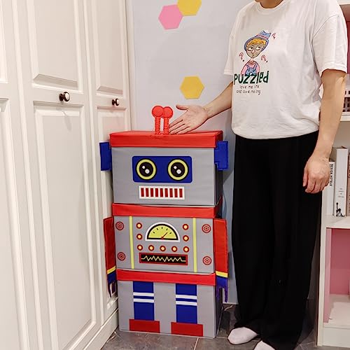 Asketam Kids Collapsible Stackable Toy Storage Bin With Lid, Kid Cute Extra Large Toy Box For Boy And Girl Nursery Playroom Bedroom Baby Toy Chest Organizer(Robot 3 Pack) #TOP1