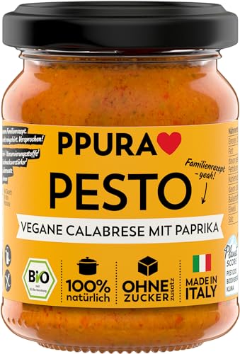 PPURA Bio Pesto Vegane Calabrese | Pasta-Sauce mit Paprika, Tomaten & Nat. Olivenöl Extra | 100% Natürlich Ohne Zuatzstoffe | Authentisch Ohne Sonnenblumenöl| Nudel-Soße Vegan & Glutenfrei | 120g Glas
