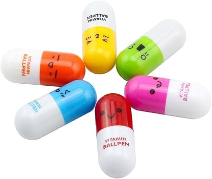 6 Pack Smiling Face Vitamin Pill Ballpoint Pens Cute Retractable Capsule Pens, Blue Ink Mini Pocket Pens for Nurses, Students, Office & Party Favors