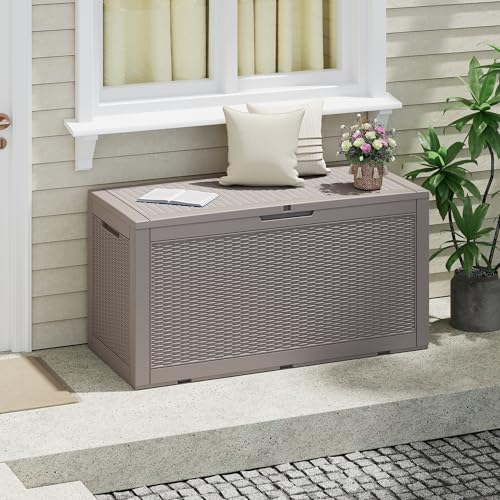 WTFGO 100 Gallon Outdoor Storage Box, Resin Deck Boxes Outdoor Waterproof For Patio Furniture, Garden Tools, Pool Supplies, Lockable And UV Resistant (Rattan Gray)