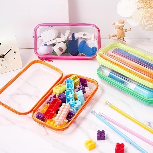 Image of Hoolerry 4 Pcs Hard Clear Zipper Case Makeup Bags Plastic Zipper Pouch Transparent Storage Box Containers for Cosmetics, Snacks, Building Blocks, Puzzles(Clear,7.5 x 3.9 x 2 in,Fluorescent)