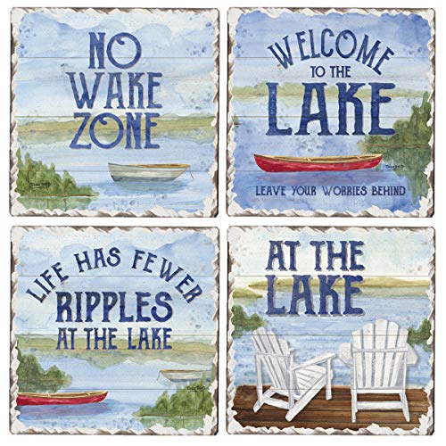 Thirstystone Lake House Greetings 4-Pack Assorted Tumbled Tile Stone Coasters Manufactured in The USA 4