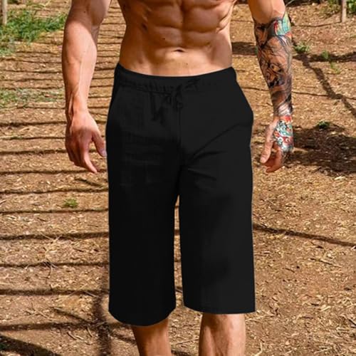 Capri Pants for Men Below Knee Linen Cotton Casual Lightweight 3/4 Yoga Shorts Elastic Waist Drawstring with Pocket 20254