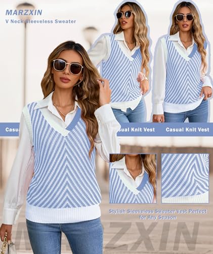 Image of MARZXIN Women Sleeveless Sweater V Neck Casual 2026 Fall Knitted Chevron V Neck Sweater Vest Color Block Pullover Sweater Top